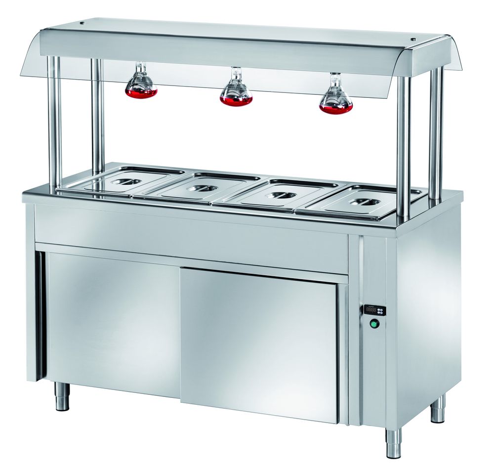 Ilot buffet PROFI chaud neutre avec portes coulissantes, écran de protection hygiénique et lampes chauffantes 1500x700x1500 – 4x GN1/1