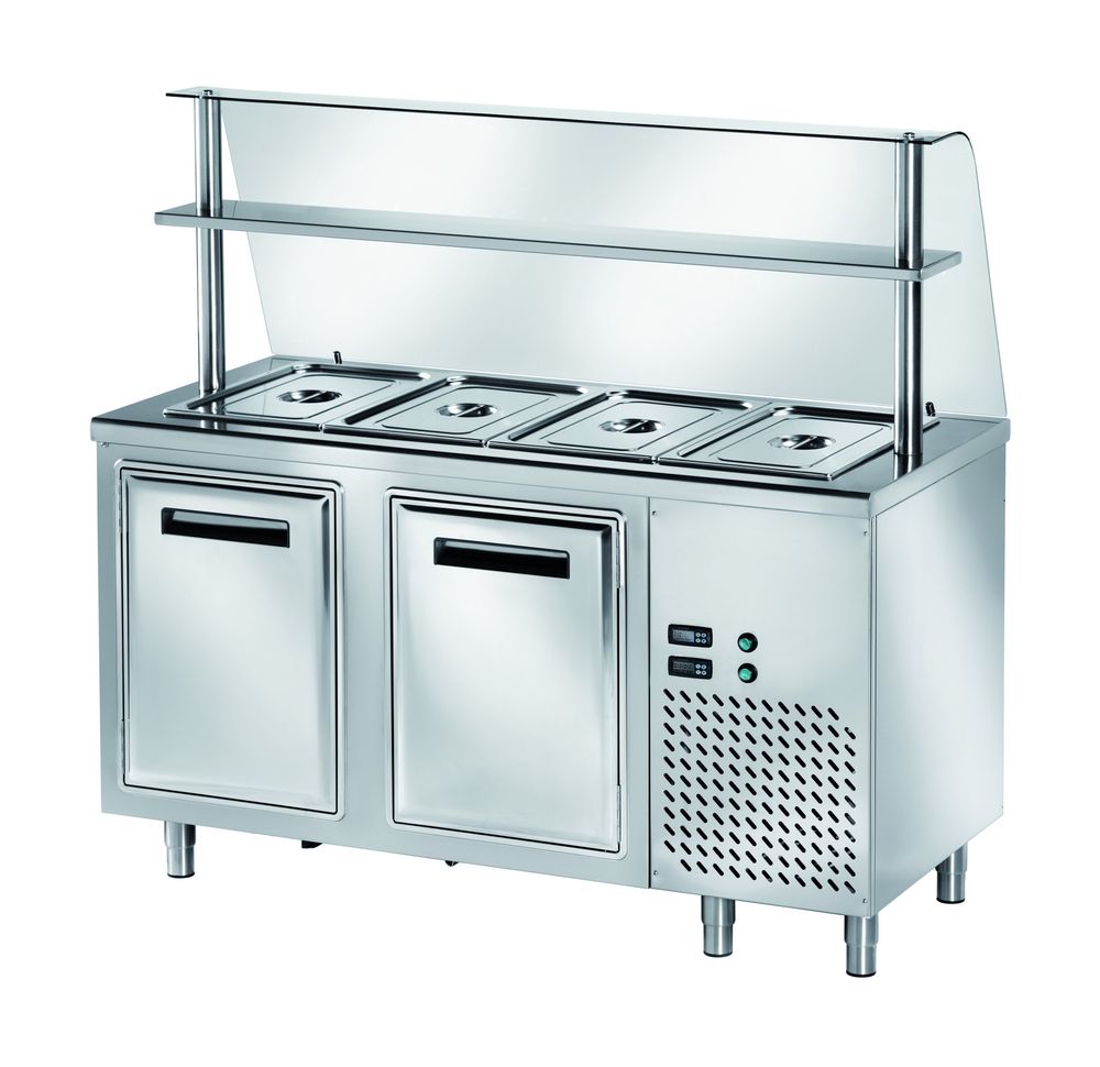 Table réfrigérée de distribution PROFI B200 avec portes battantes et structure en verre 1500x700x1400 – 4x GN 1/1
