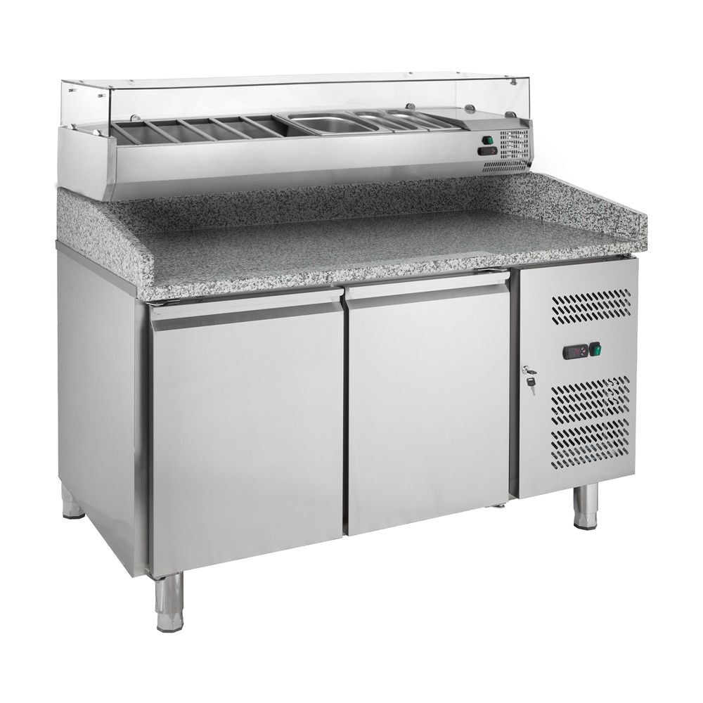 Table pizzaïolo ECO 0/2 avec présentoir réfrigéré adapté pour 7 bacs GN 1/4